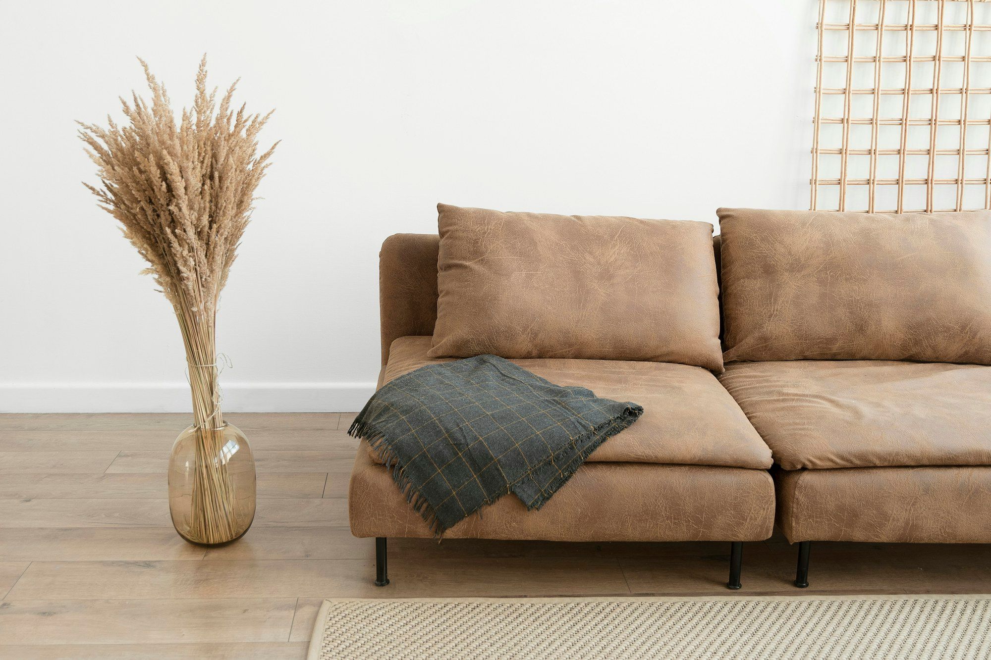 Tan leather sofa with a throw and pampas grass