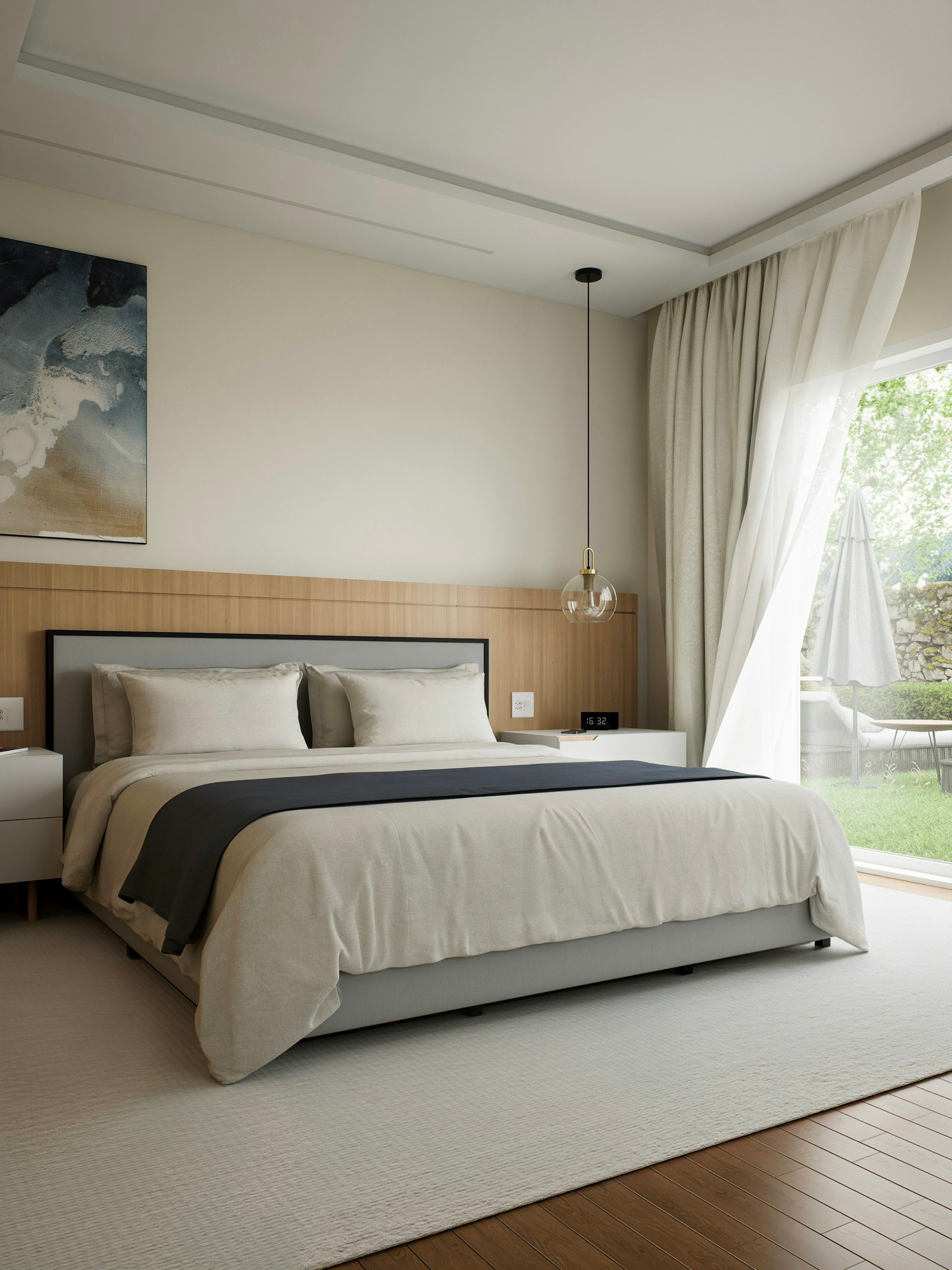 Bedroom with a large bed and a garden view